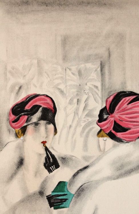 Art Deco fashion illustration by José Zinoview, detail, Le Chapeau de velours (The velvet hat). Hat 