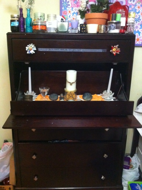 chestnutwiccan:I have had many requests to see my altar. It’s fairly simple, just how I like it. It’