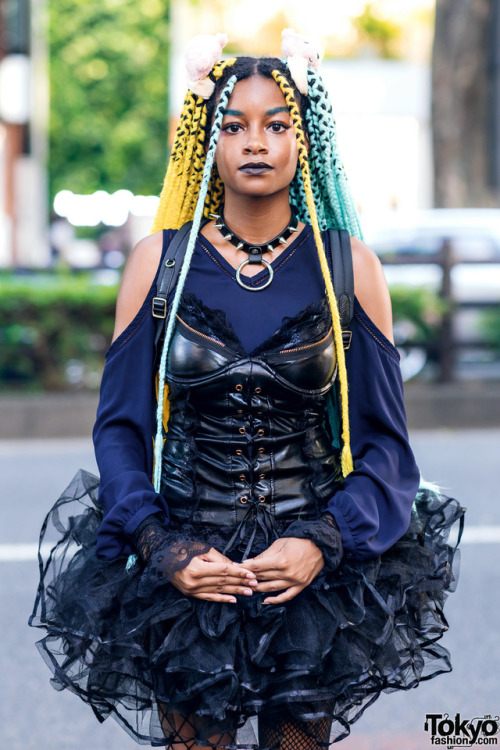 tokyo-fashion:  Tokyo college student Sierra on the street in Harajuku wearing a tulle skirt and corset top from ACDC Rag, Dolls Kill accessories, a coach backpack, and tall pink Demonia buckle platform boots. Full Look