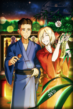 nachi0-art:   ⭐ 七夕 ⭐ Star Festival ⭐“I wish for Beka’s happiness.” Here’s the full version of my main zine piece for @otayuriseasonszine! I imagined them visiting Yuuri and Viktor in Hasetsu during the off season and going to the festival
