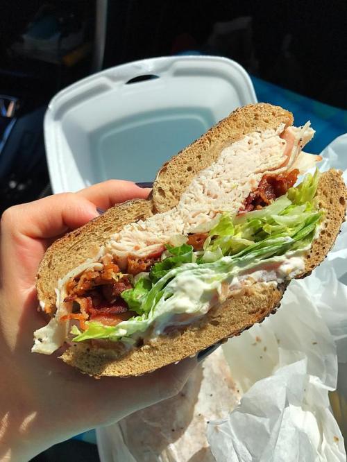 Turkey club on a scooped out whole wheat everything bagel. [960x960] Check this blog!