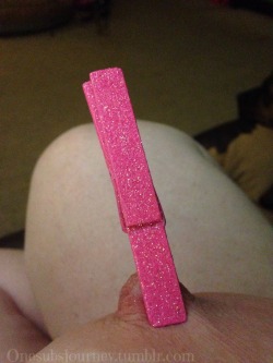 onesubsjourney:  So…Hobby Lobby for sure wasn’t expecting me to use these this way.   A little girl ought to have pretty pink clothes pins for her pretty pink parts, right? 💜  I need to make a trip to Hobby Lobby.-O