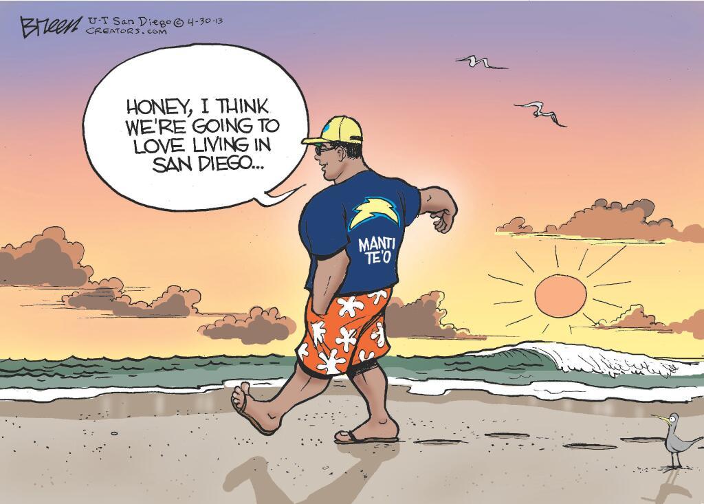 The San Diego Union-Tribune cartoonist goes right to work on Manti Te’o.