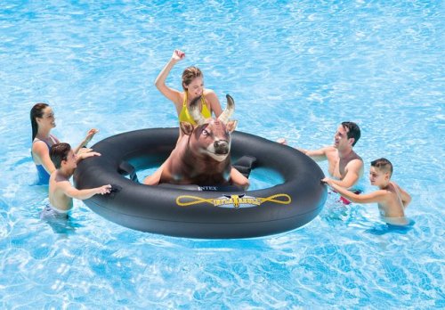 Turn your pool party into a rodeo this summer with the Inflat-A-BullBe brave and enjoy a fun bull-ri