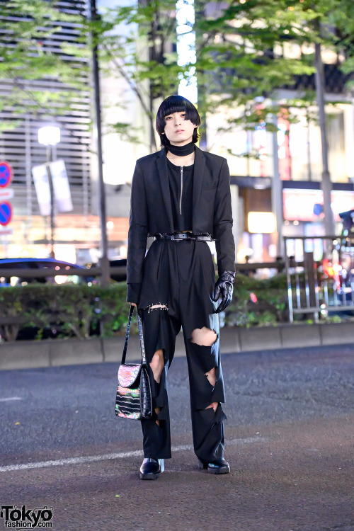 19-year-old Japanese student Kagetora on the street in Harajuku. His look includes a cropped blazer 