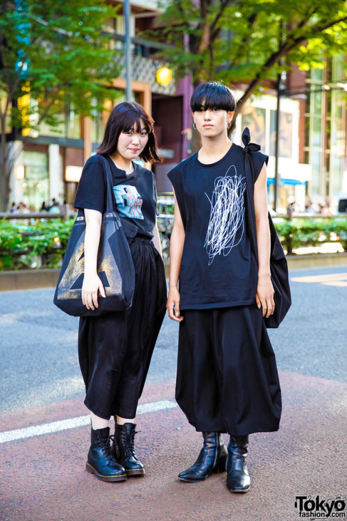 Japanese students Risa and Ryo on the street in Harajuku wearing minimalist styles with fashion by C