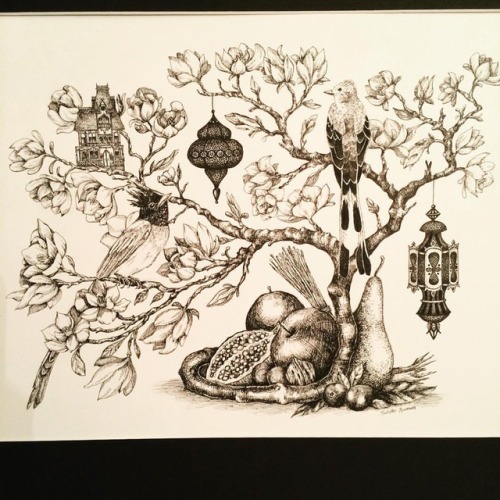 It’s a Christmas tree of sorts. #art #drawing #birds #stilllife #fruit #branch #lantern #artis