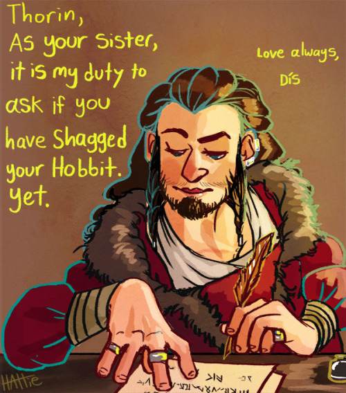 hattedhedgehog:  Durin family Erebor correspondence from Bgtea’s “The Inevitable Love Story Between Two Oblivious Idiots”, which is a wonderful, wonderful fic that everyone should read. Dís is the best.     