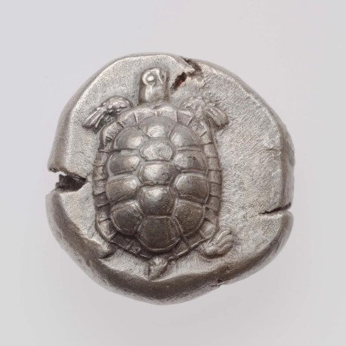arthistoryfeed:Silver stater of Aegina with land tortoise (obverse) and incuse divided into compartm
