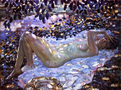 paintingispoetry:Frederick Carl Frieseke, Nude in Dappled Sunlight, 1915