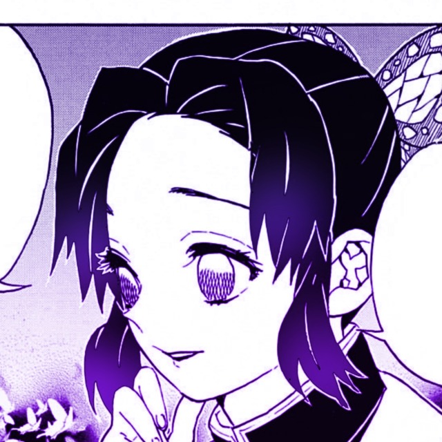 an icon of shinobu from demon slayer manga. it has a purple color overlay. she looks to her left in a pensive manner and holds her hand to her chin. 