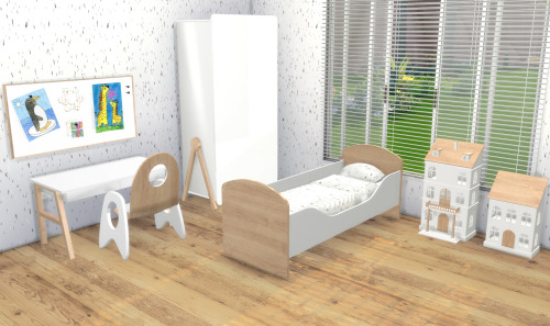 Swedal CollectionIncludes 9 new meshes:Chair- 6 swatchDesk - 4 swatchesBed - 6 swatchesToddler Bed -
