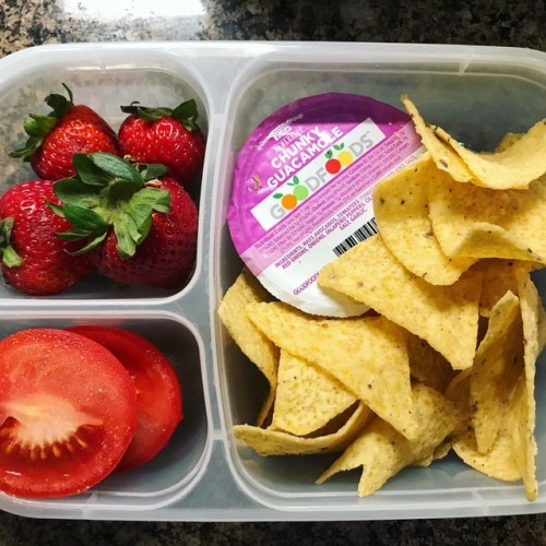 Monday’s camp lunch: guacamole and chips, tomatoes, and strawberries. #lunch #bento #bentobox 