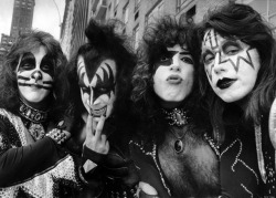 rockandrollpicsandthings:  KISS on the streets of NYC 1976Peter Criss, Gene Simmons, Paul Stanley and Ace Frehley