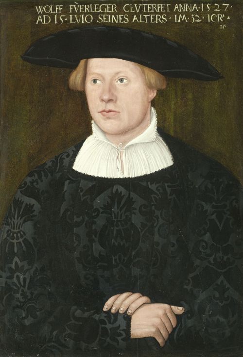 history-of-fashion: 1527 Hans Brosamer - Portrait of Wolff Fuerleger wearing an embroidered black outfit   (Private collection) 
