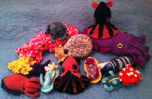 chromocrochet:  Amigurumi Mollusk Family Photo. Say “soft-bodied!” [All patterns availab