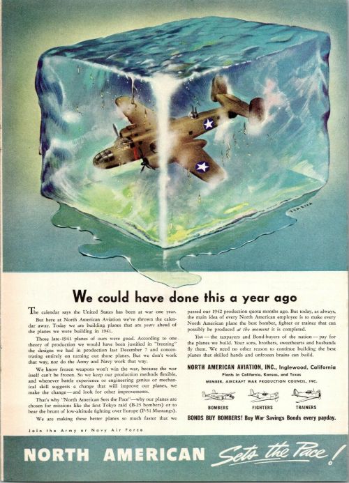vintagepromotions:North American Aviation (NAA) wartime advertisement featuring an illustration of a
