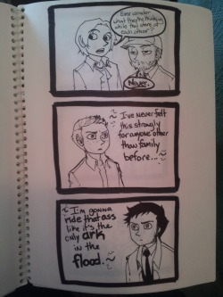 fannishminded:  perpetuallycaffeinated:  Found a certain notebook while cleaning my old room…  Whelp. Where’s the rest?  The rest are all in that same notebook! If you&rsquo;ve seen a silly, stupid SPN comic of mine, it&rsquo;s all in this yellow