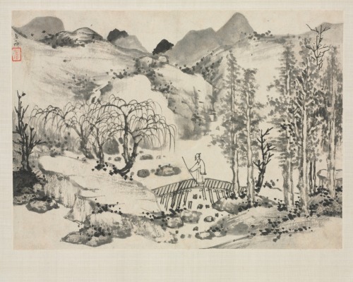 Landscape Album in Various Styles: Landscape with Artist on a Bridge, Zha Shibiao, 1684, Cleveland M