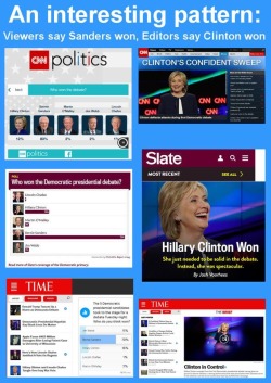 sexb0b-omb:  moisemorancy:  This is what propaganda looks like.   Just so everyone knows, CNN this morning DELETED their post-debate poll that showed Bernie Sanders winning the debates (81% in support of Sanders to Clinton’s 14%). Afterwards, it posted