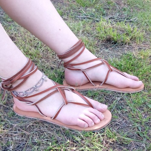 Strappy leather lace up sandals with an ankle bracelet.