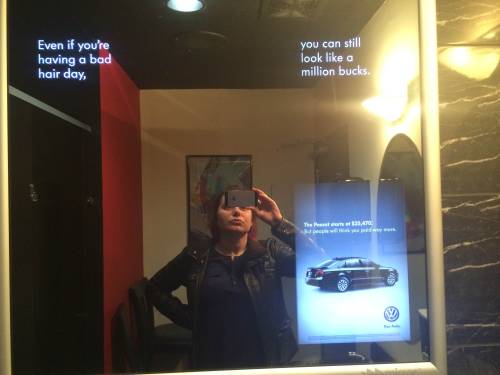 anti-feminism-pro-equality:  nickgoeshere:Here’s an example of sexism in the media. It’s very subtle, but it’s insidious, and it’s everywhere. Men’s washroom and women’s washroom, each with an ad in the mirror. Both ads are for the same car.