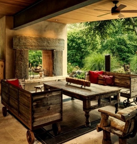 Roof Extensions - Patio Example Of A Large Mountain Style Courtyard Stone Patio Design With A Fire Pit