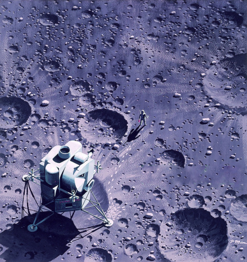 humanoidhistory:Future Apollo astronauts on the Moon in a 1964 National Geographic illustration by Pierre Mion.