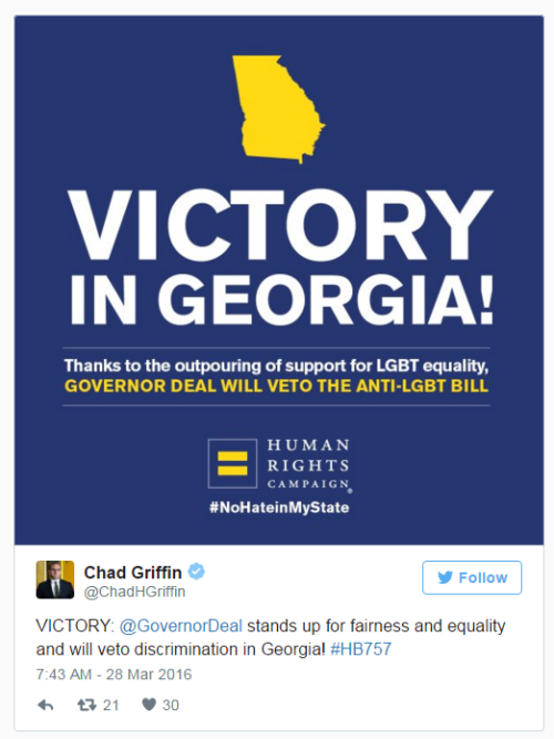and DONE!!!BREAKING NEWS: Georgia governor vetoes bill denounced as legalizing anti-gay discriminati