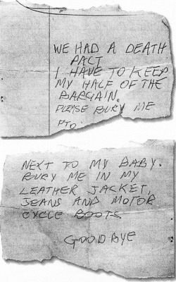 joeyversus:  Today in 1979 Sid Vicious died - months after he allegedly killed Nancy. His mother found this note in his pocket. 