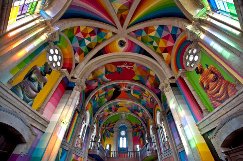 littlelimpstiff14u2:  Okuda San Miguel paints colourful mural within converted church’s indoor skate park A historic church in the Spanish municipality of Llanera, Asturias is no ordinary place for parishioners. instead, the site has  been made into