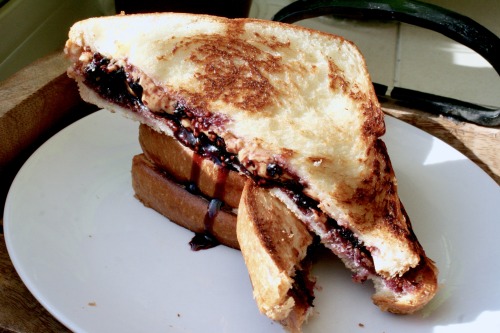 getfatnfab:  pb and j  made with natural peanut butter and homemade mulberry jam on toasted bre