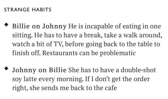 tinyconfusion: the way billie talks about her relationship is so mature and lovely  the way johnny talks about billie is how we all would talk about her if we were in a relationship with her lol billie demanding the perfect cup of coffee is hilarious