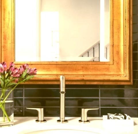 Powder Room Bathroom SeattleInspiration For A Small Transitional Blue Tile And Ceramic Tile Light Wood