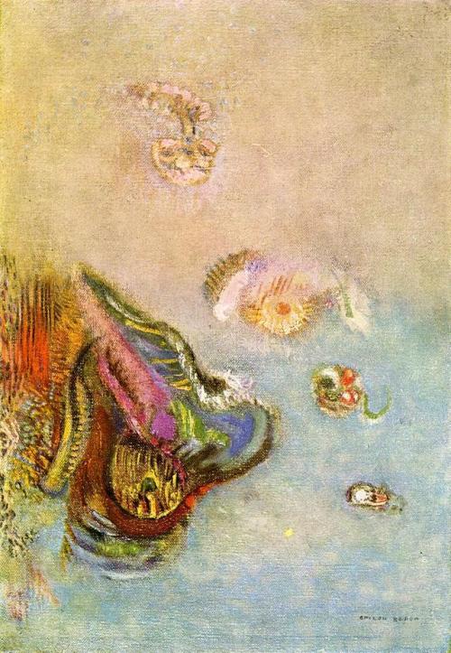 artist-redon:Animals of the Sea, 1910, Odilon RedonSize: 35.56x24.13 cmMedium: oil on canvas