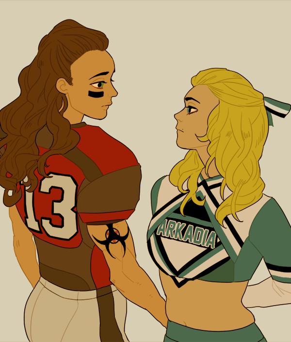 lexasaur:  clexa college football au where they’re part of rival teams, but see