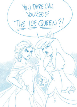 callmepo:  The Ice Queen from Adventure Time has a bone to pick with Elsa from Frozen. Icy Catfight by CallMePo 