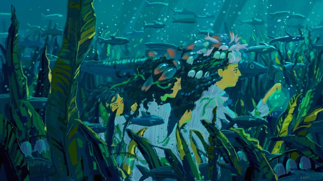 An illustration of three girls anxiously heading towards the right. They are underwater and walking through a lush patch of sea grass and bell shaped flowers, and are surrounded by a swarm of fish which are all heading right as well. The girl at the front seems like she is nearing adulthood, and holds up a lamp that emits green light. Her hair is curly and ornately decorated with colourful translucent flaps, sea flowers, beads, and ribbon-like grass. The girl behind her looks like a young teen and is holding onto her hair anxiously and peeking from behind her back. Her hair is just as curly but less ornate, with a few colourful flaps and ribbons. The girl behind her is a preteen and looks around her back curiously. Her hair is wavy and un-decorated. All three girls wear simple white dresses with ruffly pleated collars and sleeves. The art style is crisp, colourful and detailed, with minimal shading. The colours are mostly green and blue toned to create an underwater effect.