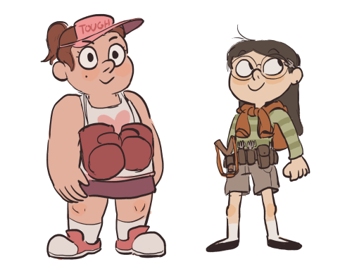 sailorleo:  reunion falls grenda and candy in their monster-huntin’ gear. candy uses forks as ammo (she’s a pretty great shot) and grenda has an old pair of boxing gloves that mabel probably stole from stan