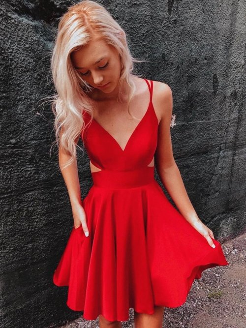 jbydress: Short V Neck Red Prom Dress with Corset Back, Short Red Cocktail Graduation Homecoming Dre