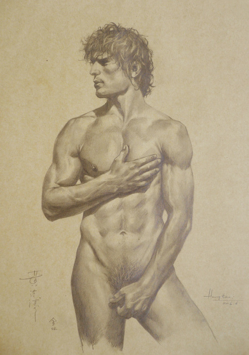hongtao-art:  original drawing pencil male nude body artwork on brown by hongtao huang 