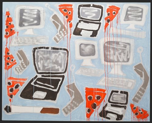 androphilia: Study Session/Computers, Laptops, Cell phones, Pizza and a Cigarette by Katherine Bernhardt, 2013