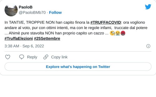 In TANTI/E, TROPPI/E NON han capito finora la #TRUFFACOVID: ora vogliono andare al voto, pur con ottimi intenti, ma con le regole infami, truccate dal potere ... Ahimè pure stavolta NON han proprio capito un cazzo ... 🧐😭🤬#TruffaElezioni #25Settembre  — PaoloB (@PaoloBMb70) September 6, 2022