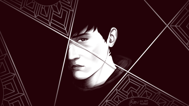 A monochrome portrait of Akito from Ghostwire: Tokyo who's silhouette is lost in a black background. Bright wires cut across him, cordoning strange geometry.