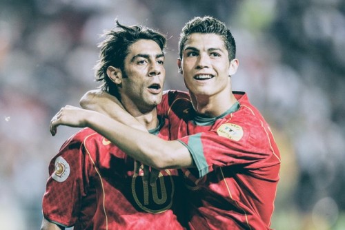 Rui Costa is joined in celebration by fellow teammates Nuno Gomes and Cristiano Ronaldo after scoring a goal for Portugal during the 2004 UEFA European Championships held in Greece.