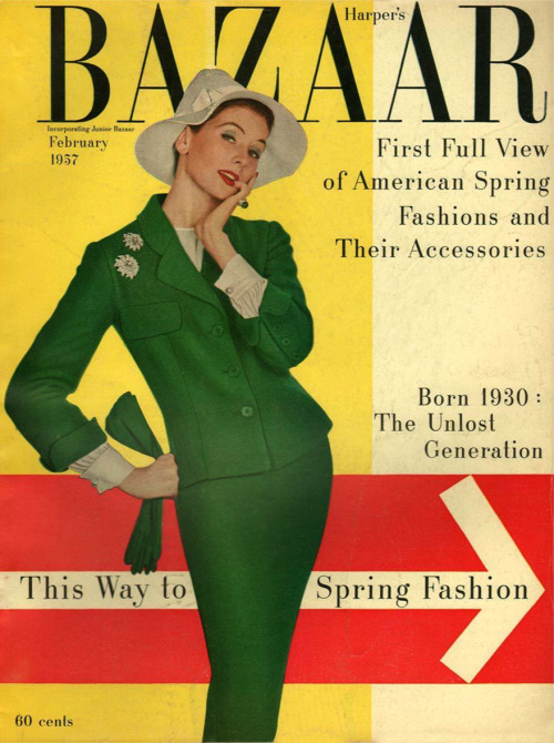 theniftyfifties:Suzy Parker on the cover of Harper’s Bazaar February 1957