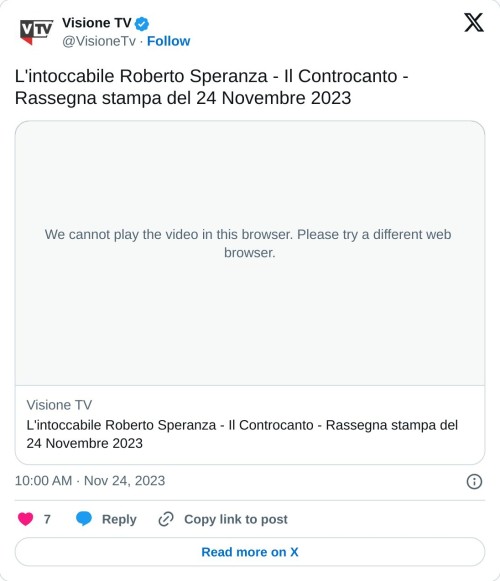 L'intoccabile Roberto Speranza - Il Controcanto - Rassegna stampa del 24 Novembre 2023 https://t.co/tACbMiVdwh  — Visione TV (@VisioneTv) November 24, 2023