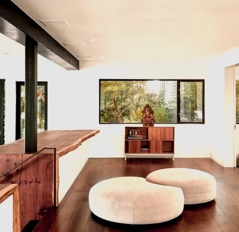 Yoga Studio - Modern Home GymImage Of A Mid-sized Minimalist Home Yoga Studio With A Dark Wood Floor
