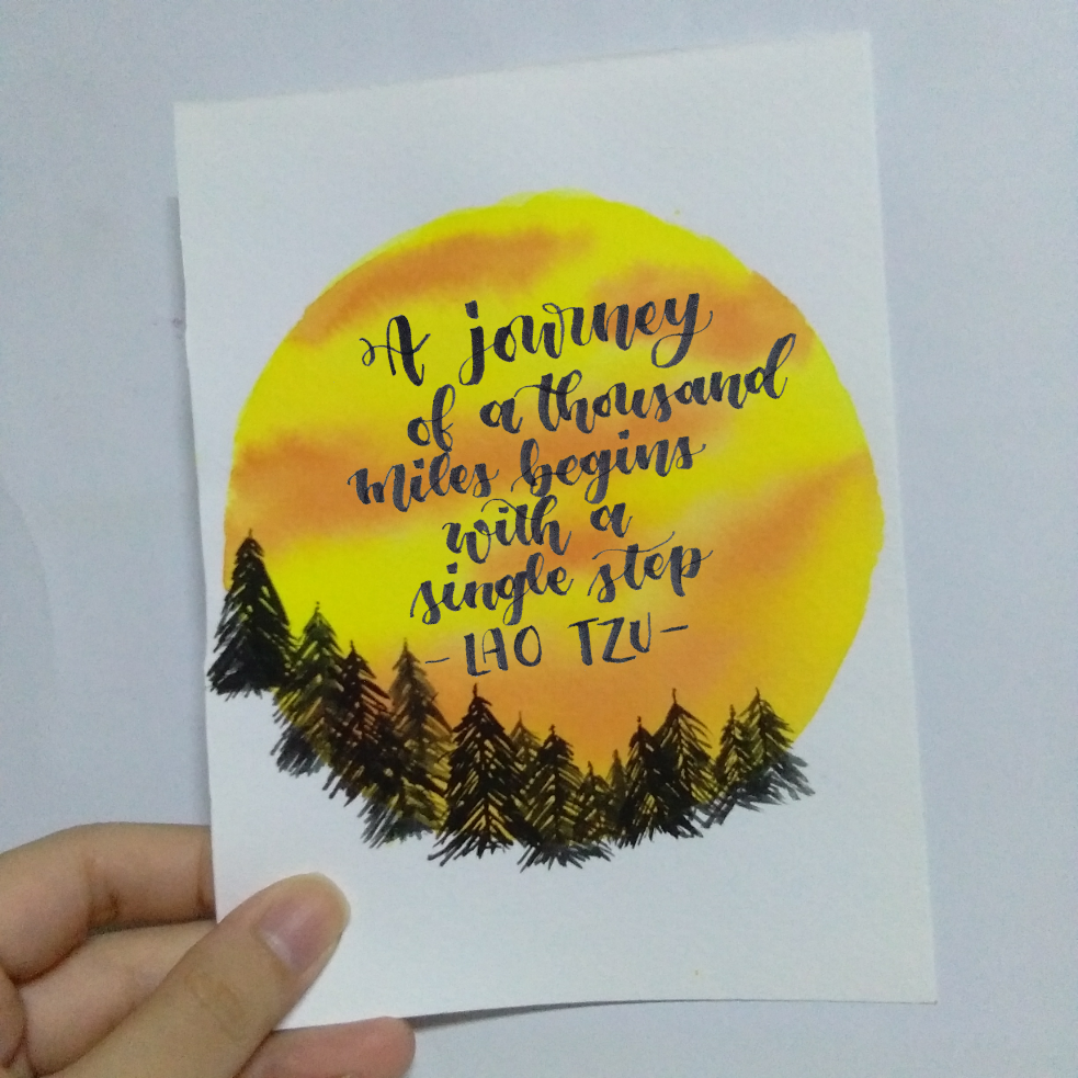 “A journey of a thousand miles begins with a single step” - Lao Tzu. Materials used: Royal Talens Ecoline Watercolor, Pilot Petit3 Fude Pen, Fabriano Watercolor Paper.
Calligraphy by @janedoeph, Instagram
Supported by CalligraphyLife.org