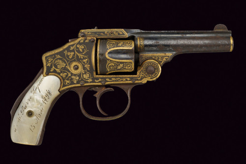 A Spanish decorated Smith &amp; Wesson 1st Model double action revolver. Ivory grips are inscribed &